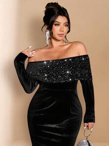 SHEIN PETITE CURVE 大码女士露肩丝绒亮片长袖连衣裙，优雅适合派对和约会 - 黑色 - 查看 2