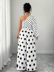 Elenzga Mono de pierna ancha de cintura ceñida con hombros oblicuos de manga larga y parches de lunares para mujer de talla grande, elegante, de moda, versátil, adecuado para salidas, primavera/verano - Blanco y Negro - Ver 2