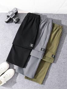 SHEIN Quần cargo dáng rộng, cạp chun, in chữ cho bé trai tuổi teen - Nhiều màu - Xem 4