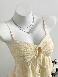 Elamini 女士休闲度假吊带背心，细肩带网纱刺绣面料，系带 - 黃色 - 查看 4