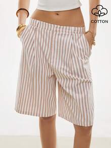 Poéselle Casual Women's Striped Woven Fabric Bermuda Shorts With Pockets - Blue - View 3