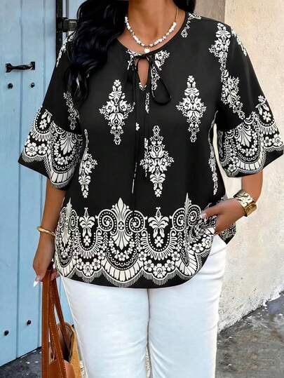 Breezaya Plus Size Graphic Print Tie Neck Casual Vacation Shirt