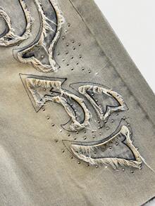 ROMWE MEN Men's Distressed Rhinestone Washed Frayed Hem Denim Shorts - Yellow - View 2