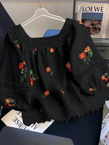 Franclia 女士印花方领度假衬衫，夏季服装黑色花朵上衣，女士花朵上衣，可爱黑色上衣，可爱衬衫，黑色夏季上衣，女士上衣和衬衫，新款衬衫，女士最新款上衣，新款女士精美上衣，夏季女士上衣 - 黑色 - 查看 5