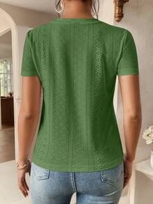 SHEIN Frenchy Solid Eyelet Embroidery Round Neck Tee - Green - View 2