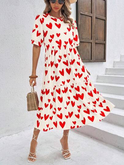 Breezaya Loose Heart Print Ruffle Hem Puff Sleeve Babydoll Dress For Summer Maxi Women Outfit
