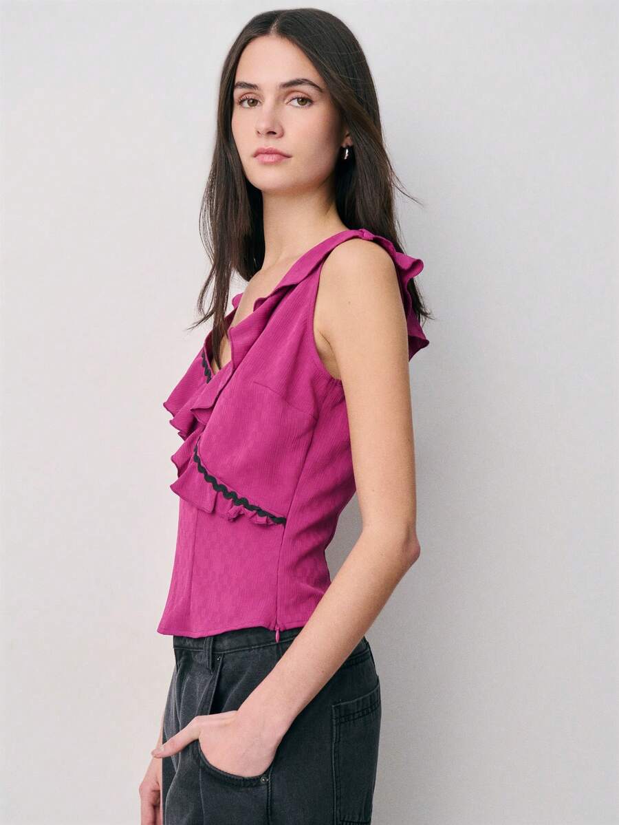 Nöista Sleeveless Top Features A V-Neckline Adorned With A Ruffled Trim Edged In Black. Spring, Summer, Easter. - Purple - View 1