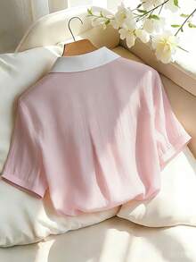 GlowEve CURVE Áo sơ mi nữ cỡ lớn tay ngắn cổ ve áo phối màu, cài một hàng khuy, kiểu dáng thường ngày. - Màu Hồng baby - Xem 2