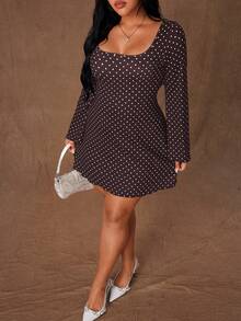 Rustia 大码女式新款黑色波点印花喇叭袖修身迷你连衣裙，配腰带和露背设计，浪漫连衣裙，派对装扮，优雅，黑色优雅，时尚秋冬，哥特风格 - 棕色 - 查看 7