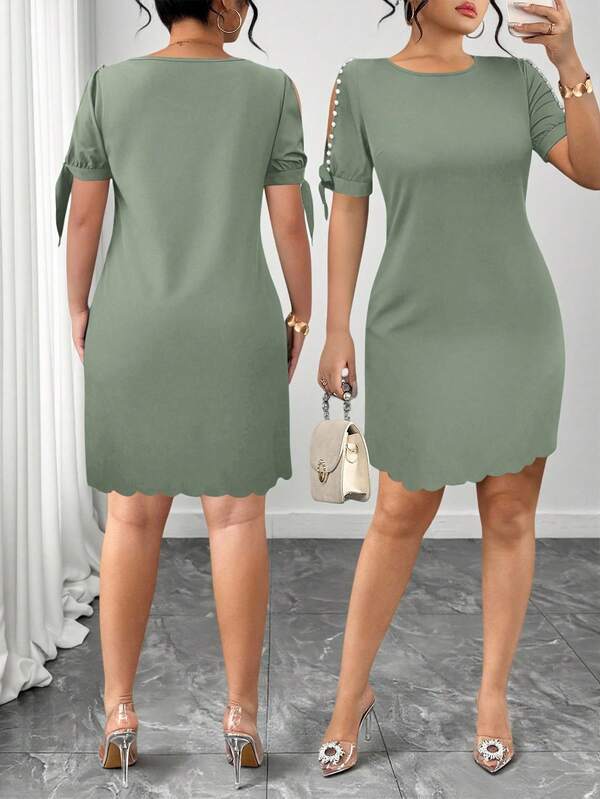 Elenzga Vestido de línea A de longitud hasta la rodilla con mangas con perlas, de manga corta y ajustado de unicolor, versátil para el trabajo y el uso diario, para primavera/verano, talla grande para mujer