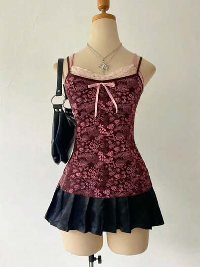 Lalippa Women's Floral Print Bow Decor Fashion Camisole For Vacation