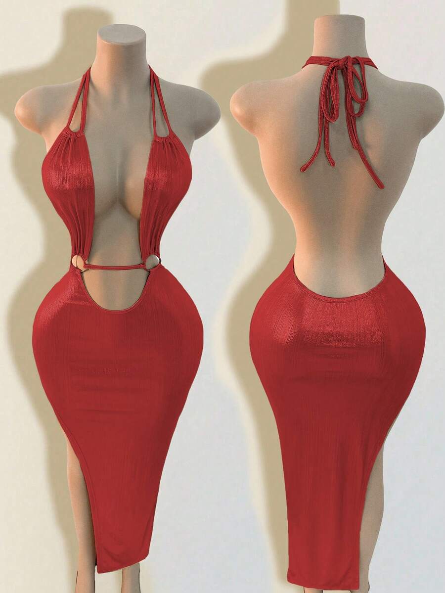 BamGleam 女士纯色镂空设计圆环连接性感紧身吊带连衣裙 - 紅色 - 查看 1