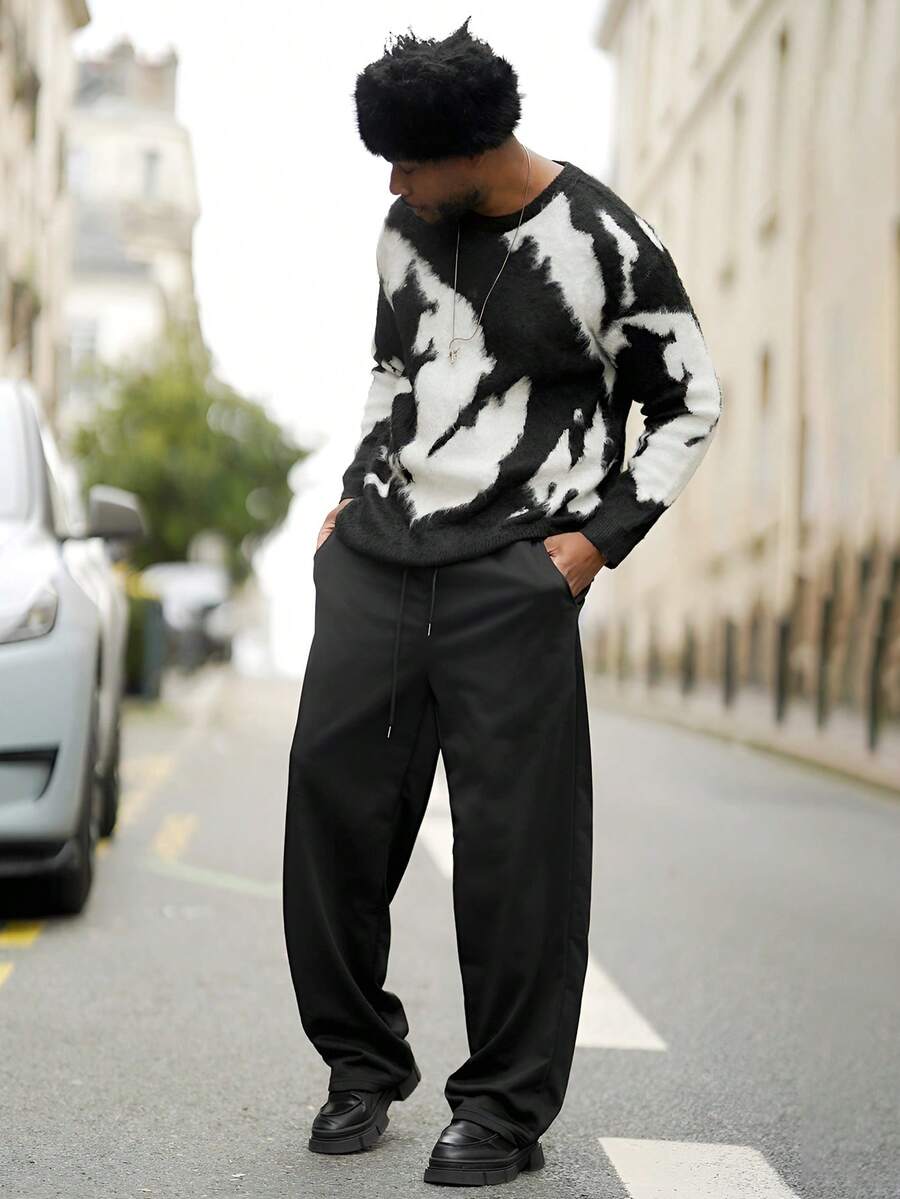 Heavens Edit 男士休闲宽松复古条纹套头毛衣，简约黑白配色，街头风，秋冬款，长袖上衣 - 黑色 - 查看 1