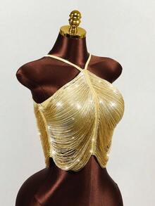 Mistrie Women's Sexy Halter Neck Sleeveless T-Shirt With Gold Tassels - Gold - View 6