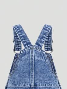 SHEIN Playful Pals 女童牛仔背带裤，春夏新款，浅色水洗牛仔布，休闲可爱风格，心形刺绣裤脚，修身剪裁，舒适棉质牛仔面料，适合日常穿着、上学、通勤。 - 淺色水洗藍 - 查看 5