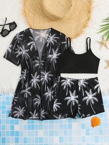 SHEIN 3件套少女椰树印花泳衣套装，包括罩衫、针织吊带背心和短裤，适合游泳、夏季、度假和海滩穿着。 - 黑與白 - 查看 5