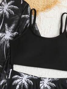 SHEIN 3件套少女椰树印花泳衣套装，包括罩衫、针织吊带背心和短裤，适合游泳、夏季、度假和海滩穿着。 - 黑與白 - 查看 6