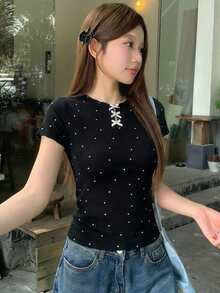 DAZY 女士休闲波点印花蝴蝶结装饰短袖T恤，夏季 - 黑色 - 查看 2