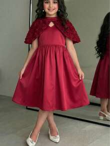 SHEIN 少女优雅可爱蝴蝶结花卉网纱短袖公主裙，适合婚礼、正式晚宴和文化活动（春夏准备，轻松奢华，现代风格）夏季服装 春季连衣裙 斋月连衣裙 开斋节连衣裙 阿巴雅长袍 蕾丝柔软连衣裙 轻盈舒适连衣裙 红色情人节连衣裙 - 紅色 - 查看 4