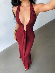 Glamine Đầm maxi màu đỏ rượu vang gợi cảm cổ chữ V, dây buộc cổ, lưng hở, không tay, xếp ly, thích hợp cho biểu diễn, câu lạc bộ, hẹn hò, đường phố, thu đông, thanh lịch, dạ hội, tiệc tùng, sinh nhật, tiệc tùng, lễ tình nhân. - Màu Đỏ Sâu - Xem 4