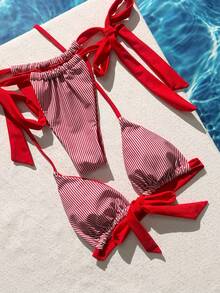 Swim Mod 2026 Spring/Summer Fashionable Striped Print Halter Backless Sexy Bikini 2-Piece Swimwear Set For Women - Red - View 6