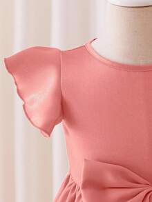 Glamorique Kids 年轻女孩优雅高档酒红色缎面蝴蝶结装饰泡泡袖连衣裙，正式场合穿着 - 粉色 - 查看 3