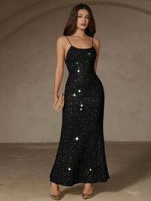 Revavyn Sequin Slip Dress, Minimalist & Elegant Design, Suitable For Evening Gala, Party - Black - View 3