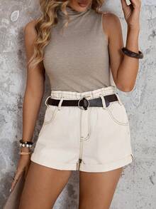 EMERY ROSE 女士纯色斜插口袋高腰时尚休闲牛仔短裤，女士白色牛仔短裤 – 高腰双扣松紧腰夏季休闲装，女士白色牛仔热裤高腰Y2K街头风，女士优雅白色牛仔短裤 – 高腰双扣卷边度假风，女士白色水洗牛仔短裤，采用高腰设计，双扣闭合，后腰松紧带，全天舒适，多个口袋，卷边裤脚。柔软弹力牛仔面料，完美适用于夏季日常、度假、Y2K休闲街头风穿搭。白色牛仔，高腰短裤，双扣，松紧腰，卷边裤脚，夏季短裤，Y2K，风格 - 白色 - 查看 6