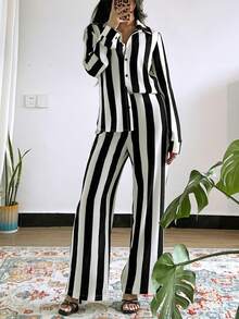 Pariaura Petite Women's Elegant Vacation & Commute Striped 2 Pieces Set - Black and White - View 5