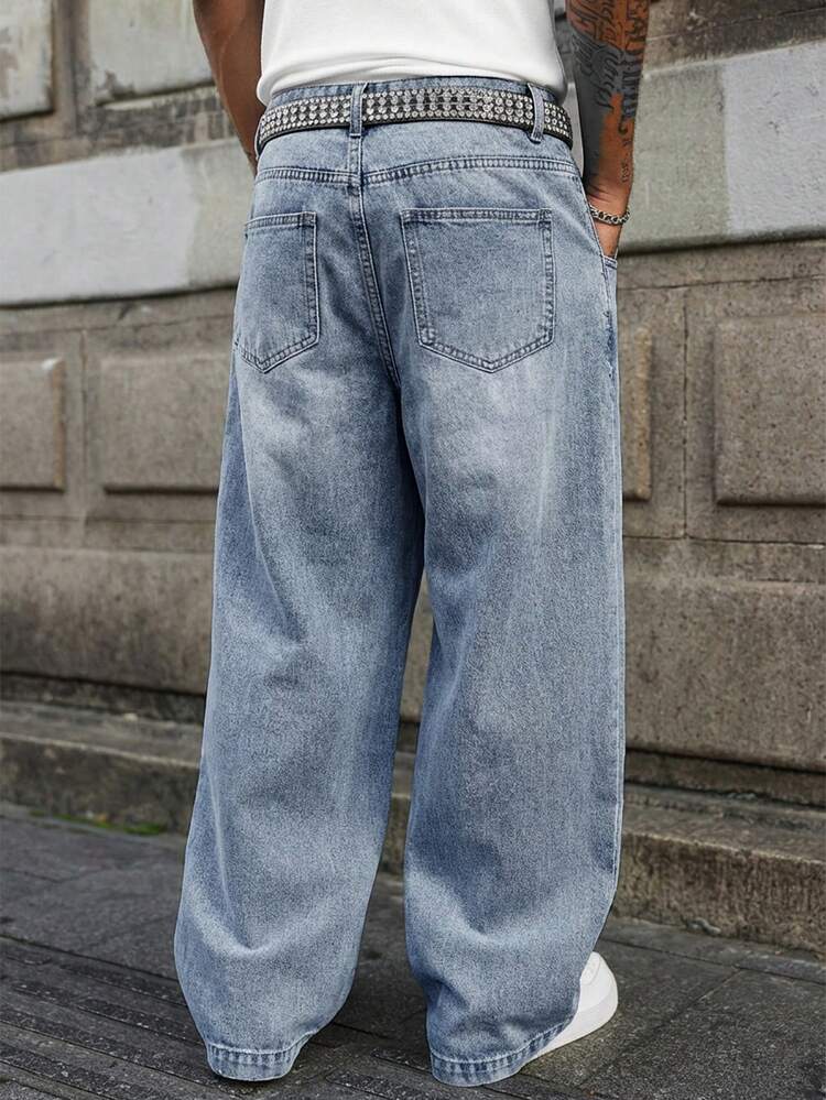 GALLERY FADE Men's Washed Blue Casual Wide Leg Loose Fit Denim Jeans Going Out Urban Hang Out Vacation Work - Light Wash - View 2