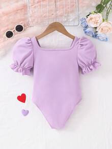 SHEIN 女童纯色翻领泡泡袖连体裤 - 淡紫色 - 查看 2