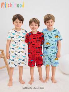 [1 Set] Young BoyCute Cartoon Animal, Gamepad, Astronaut Print Short Sleeve Shorts Snug Fit Pajama Set, Random Assortment - Multicolor - View 6