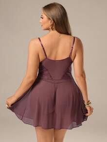 Auralis Bộ 2 món: Váy ngủ lưới ren tương phản cỡ lớn gợi cảm + Quần lót dây chữ G - Màu Tím - Xem 2