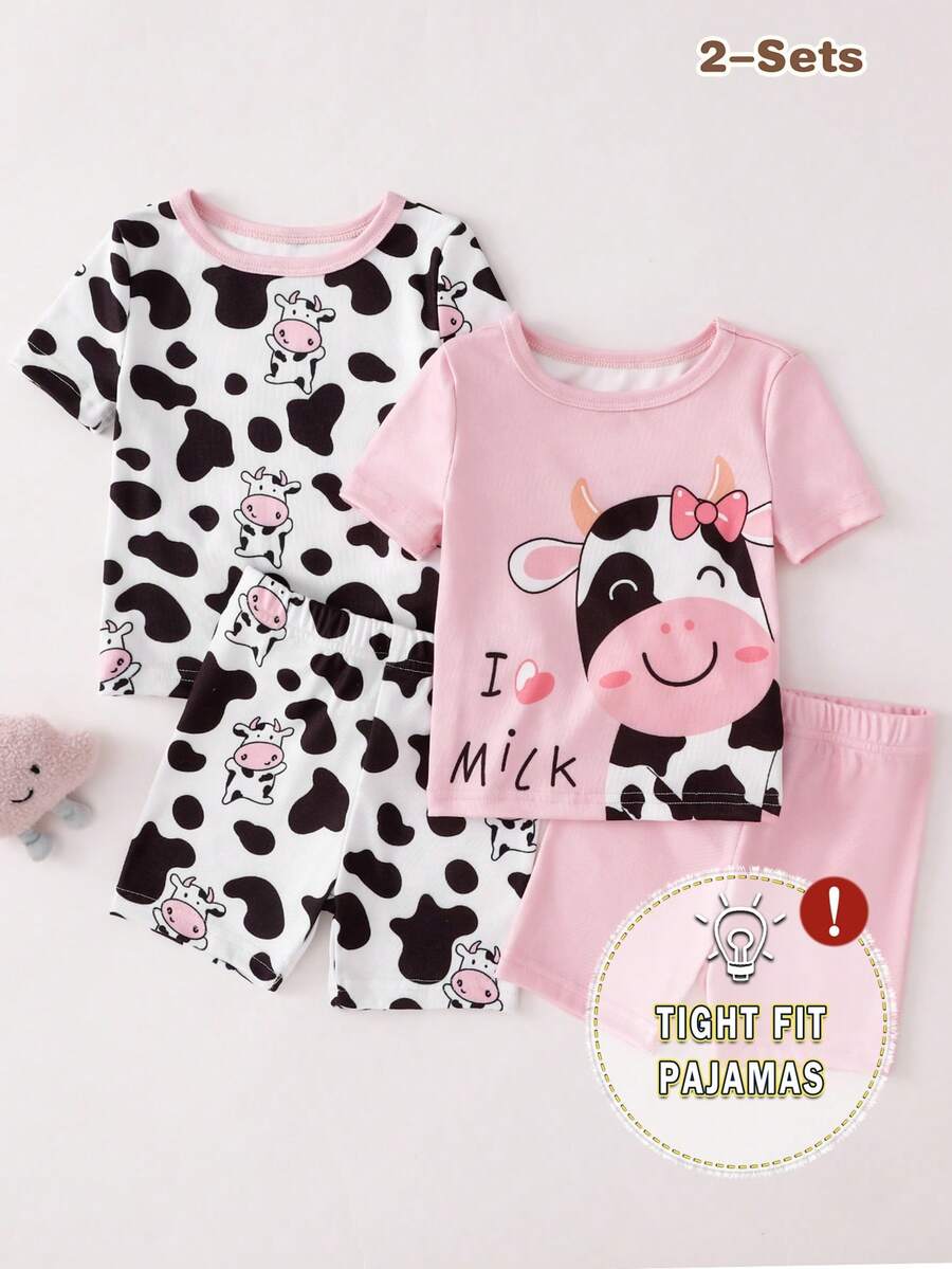 SHEIN Conjunto de 4 piezas de ropa interior para bebé niña con estampado de vaca de dibujos animados, top de manga corta y pantalones cortos - Multicolor - Ver 1