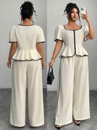 Elenzga Conjunto de 2 piezas de pantalón ancho y blusa de manga corta con ribete de contraste, elegante para primavera/verano, tallas grandes. Conjunto de pantalones anchos y blusas de verano para mujer.