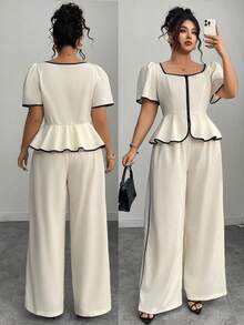 Elenzga 大码春夏季优雅撞色短袖衬衫和阔腿裤两件套两件套裤子套装女裤套装女夏季阔腿裤套装衬衫和裤子套装2件套休闲套装女 - 白色 - 查看 8