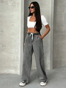 EURMUSE WOMEN Elastic Waist & Belted Cargo Denim JEANS MID WAIST - Light Grey - View 4