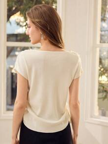 MOTF PREMIUM SOLID COLOR V-NECK DRAWSTRING RUCHED KNIT TOP WITH WAIST DESIGN - White - View 3