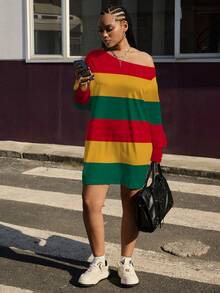 Slaydiva 大码休闲简约红黄绿条纹假日连衣裙 - 彩色 - 查看 4