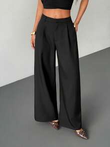 SHEIN PETITE 女士商务休闲裤 女士西式服装 女士阔腿裤 女士办公室服装 宽松裤 专业女士服装 办公室着装 灰色 - 黑色 - 查看 8