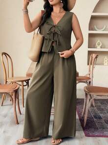Weeklong Conjunto de 2 piezas de talla grande de unicolor, con cordones, sin mangas, casual, con diseño hueco, cómodo y versátil para el verano - Verde militar - Ver 3