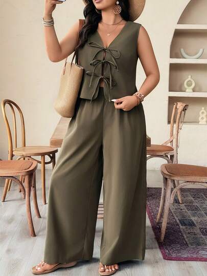 Weeklong Plus Size Solid Color Lace-Up Sleeveless Casual Hollow Out Summer Comfortable Versatile 2-Piece Set