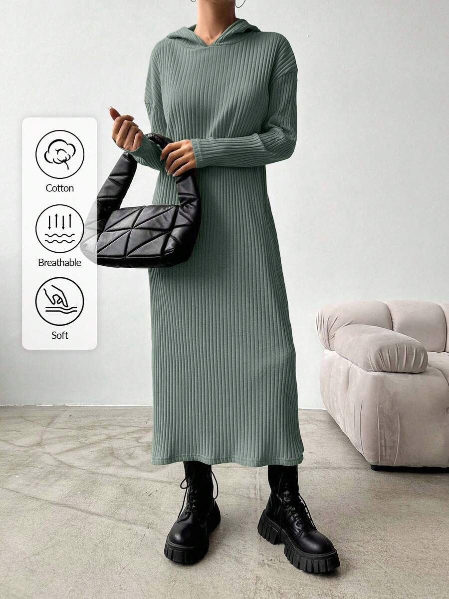 EURMUSE Damen Einfarbiges Kleid mit Kapuze und Drop Shoulder aus Strick - Minzgrün - Übersicht 1