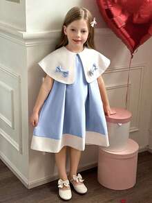 Elladie kids 女童白色领蝴蝶结设计宽松A字连衣裙 - 藍色 - 查看 3