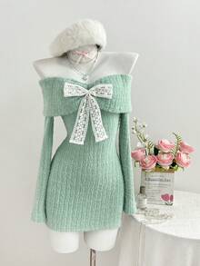 Elamini 白色露肩露背仿马海毛罗纹针织蝴蝶仿珍珠装饰长袖修身迷你连衣裙，Y2K复古可爱派对休闲连衣裙，适合秋冬季、圣诞节、新年等场合。 - 淺綠色 - 查看 5