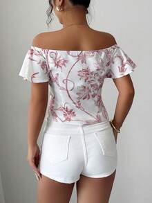 Elenzga 女士夏季度假风印花露肩荷叶边衬衫 - 粉色 - 查看 2