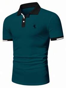 Manfinity Mode Men's Contrast Trim Casual Versatile Cotton Short Sleeve Polo Shirt Golf Shirt, Formal Holiday, Ceremony - Teal Blue - View 4