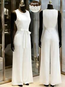 Franclia Minimalist French Style White Round Neck Pearl Embellished Sleeveless Waist Cinched Wide Leg Jumpsuit For Women - White - View 1