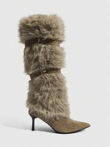 CUCCOO SZL Women's Pointed Toe Faux Fur Patchwork Knee-High Heeled Boots Valentine's Day - Khaki - View 3