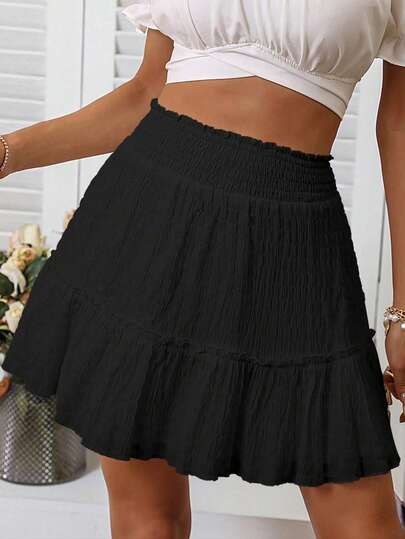 Breezaya Frill Trim Shirred Detail Ruffle Hem Skirt Vacation Beach Outfits Women